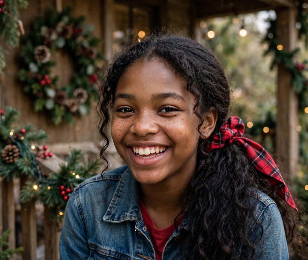 Jolly low ponytail with plaid scrunchie Christmas hairstyle for kids