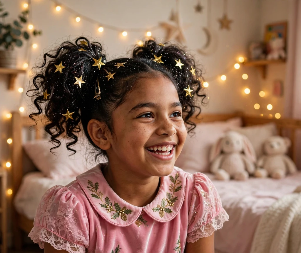 Sparkly high pigtails with star clips Christmas hairstyle for kids