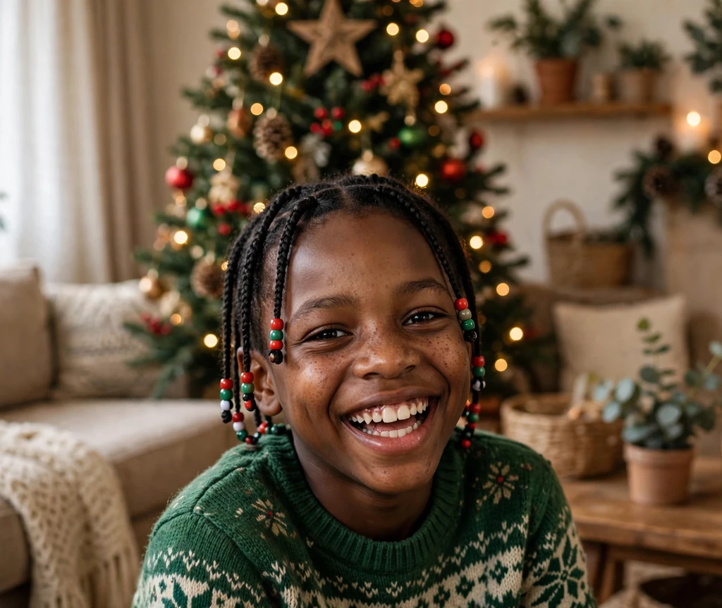 Mini cornrows with Christmas beads Christmas hairstyle for kids