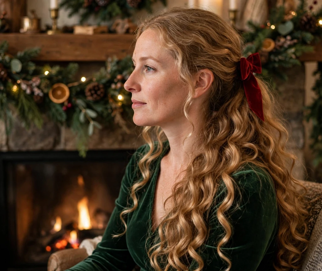 Cascading holiday curls with a red velvet bow on very long blonde hair by a Christmas fireplace