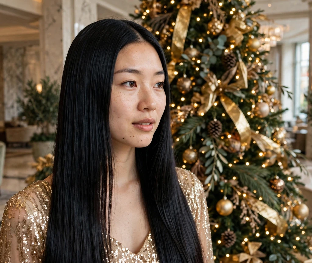 Sleek glass-straight jet black long hair with a center part and festive shine