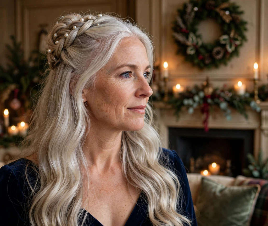 Half-up twisted crown with pearl pins in long silver-blonde hair