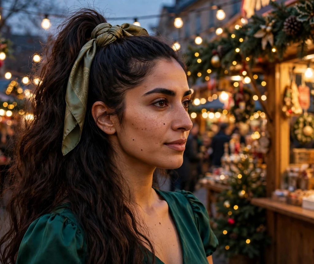 High wavy ponytail with a silk scarf wrap in long dark hair at a Christmas market