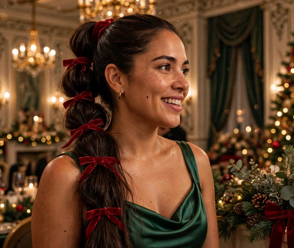 Bubble ponytail tied with red velvet ribbon in long dark hair at a Christmas ballroom