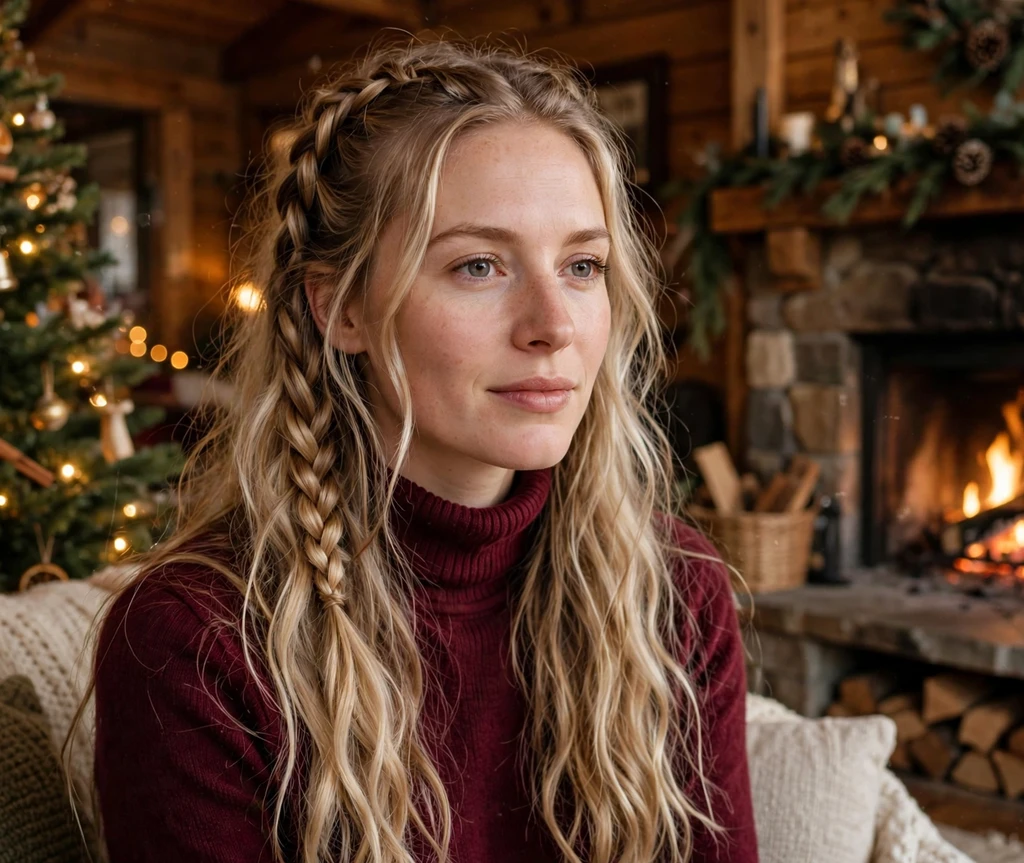 Dutch braids melting into loose holiday waves in long blonde hair by a cabin fireplace