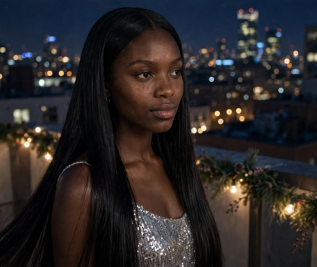 Polished straight long black hair with a sleek center part at a Christmas rooftop party