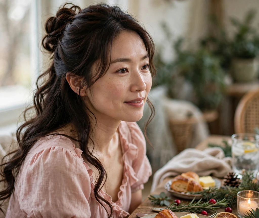 Romantic half-up bun with long flowing curls in dark brown hair at Christmas brunch