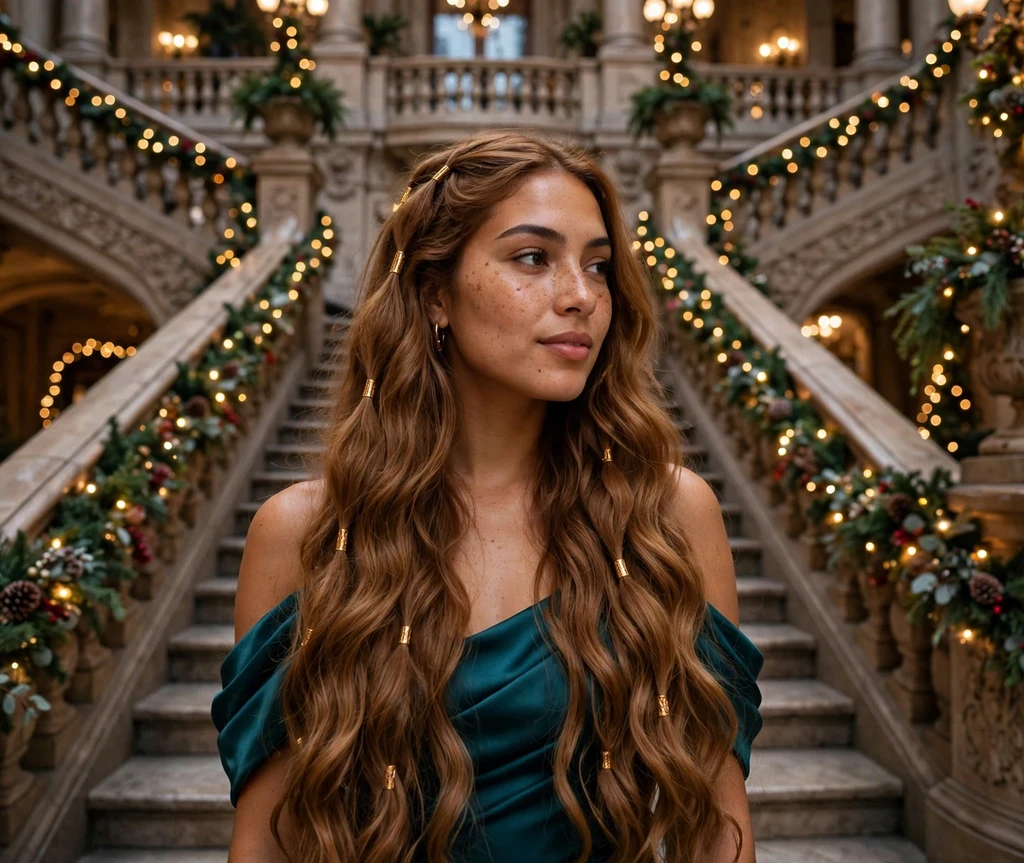 Mermaid waves with gold hair cuffs in long caramel hair on a Christmas staircase
