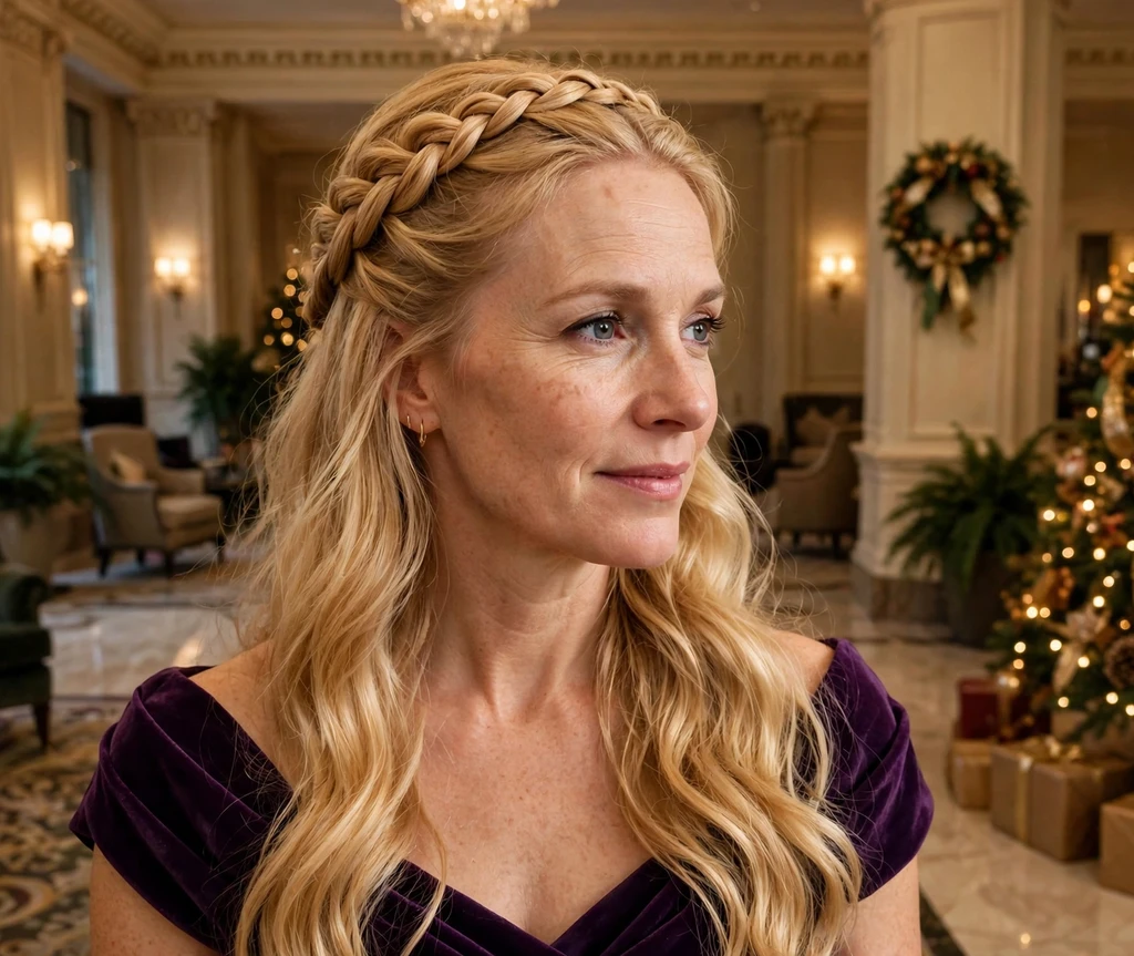 French braid crown across long flowing blonde waves in a festive lobby