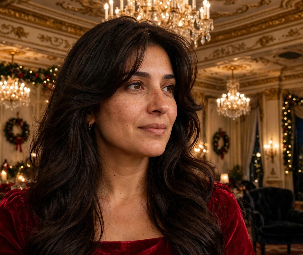 Voluminous blowout with curtain bangs in long dark hair in a chandelier ballroom