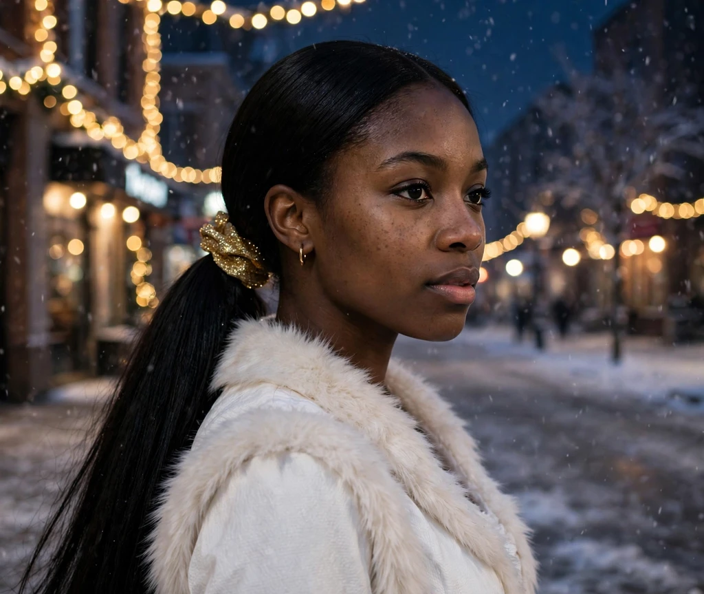 Low sleek ponytail with a glittering gold scrunchie in long black hair on a snowy street