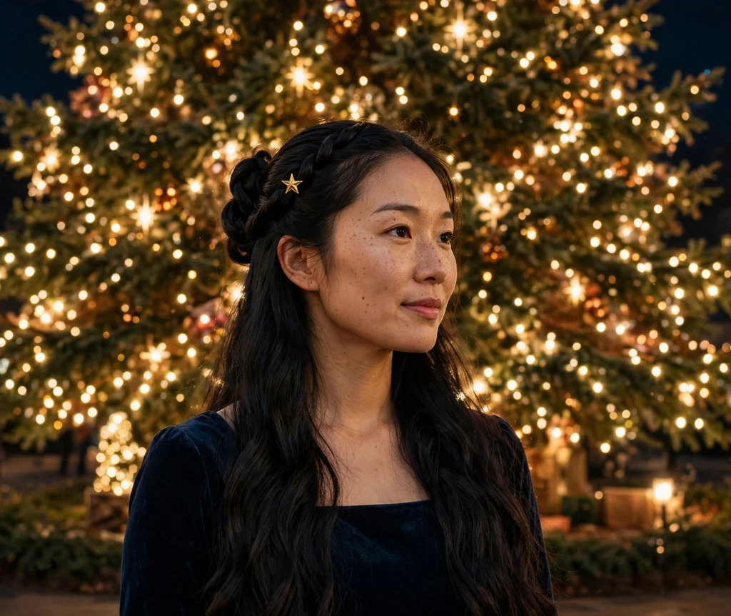 Rope-twist half-updo with a gold star hairpin in long black hair before a Christmas tree