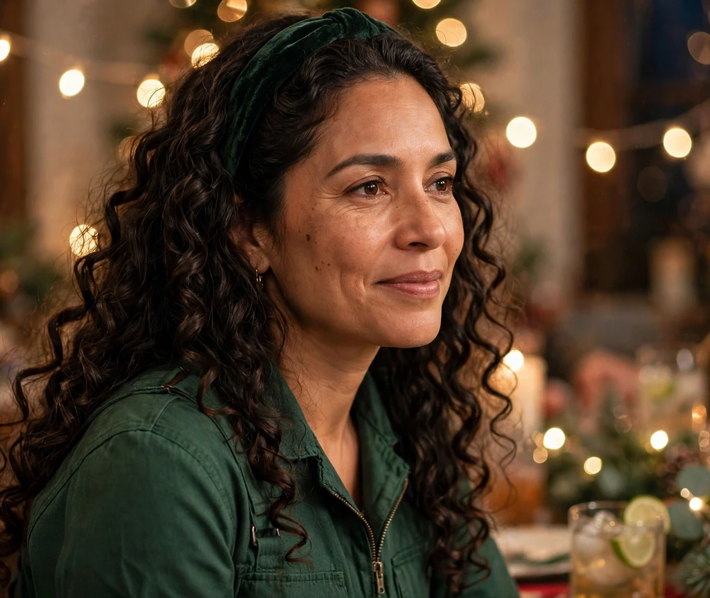 Long spiral curls with a dark green velvet headband at a Christmas cocktail party