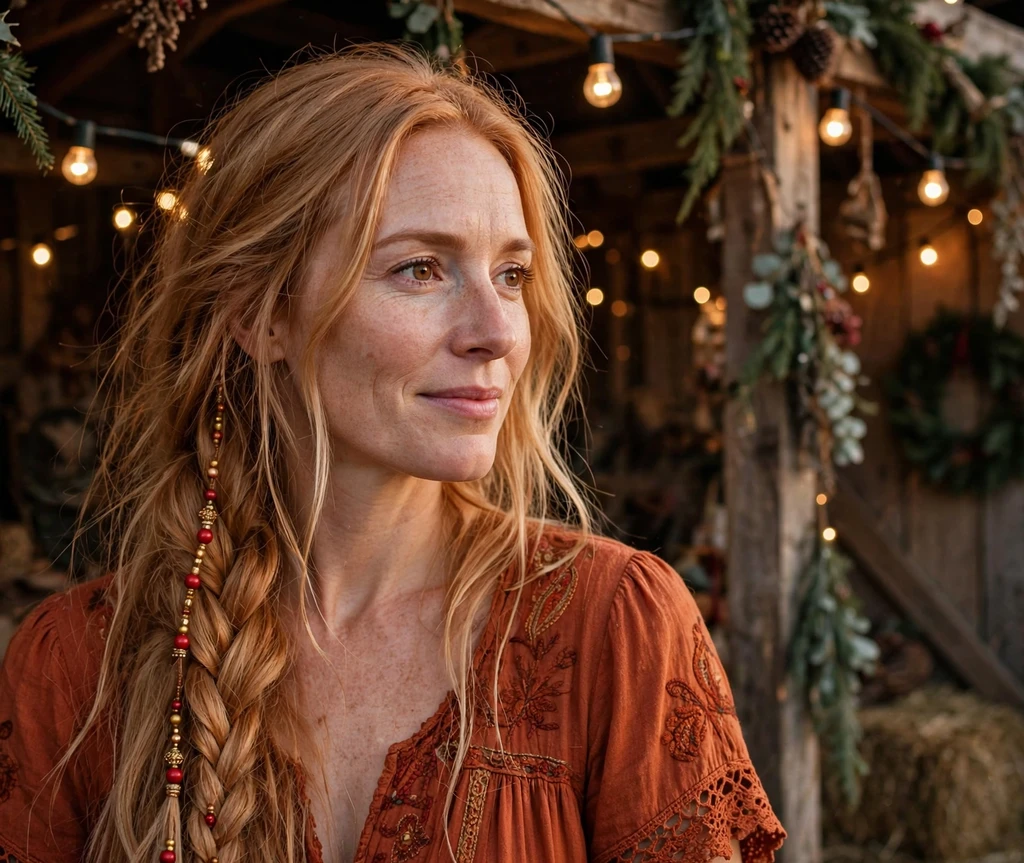 Bohemian side braid with red and gold festive beads in long strawberry-blonde hair