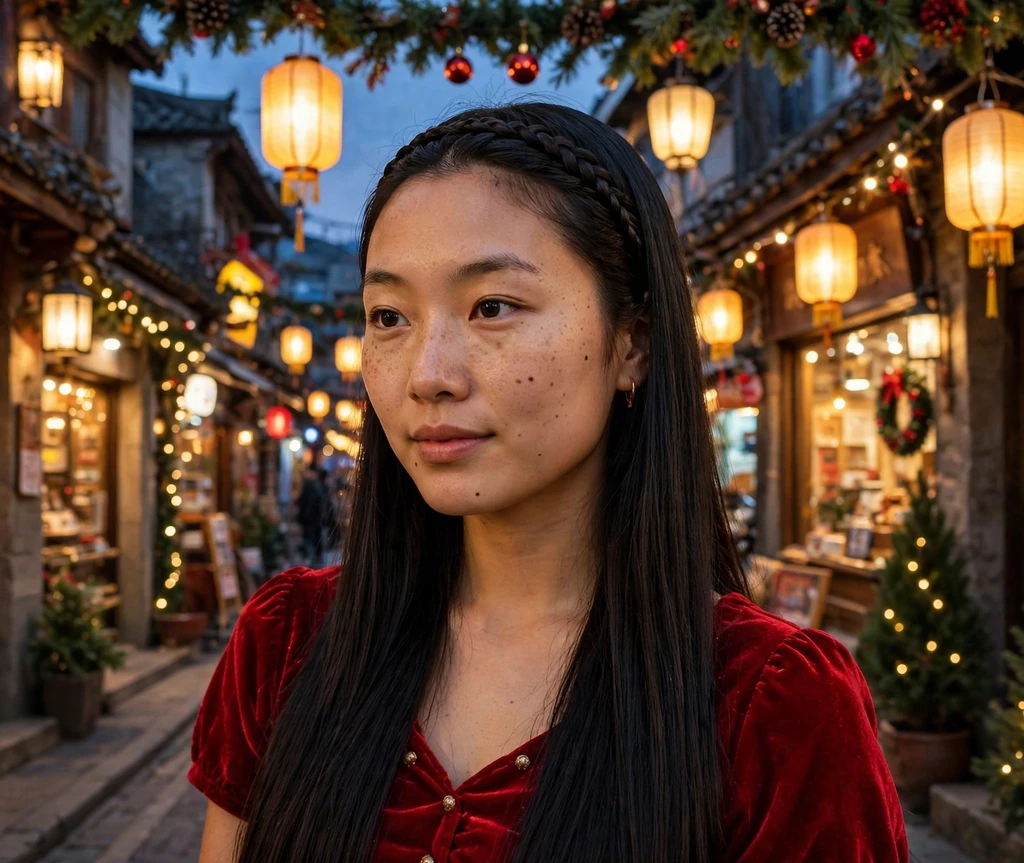 Braided headband across sleek straight long black hair on a festive street