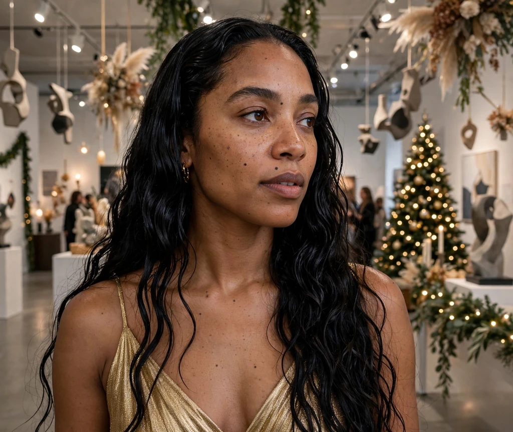 Glamorous wet-look waves in long dark hair at a Christmas gallery event