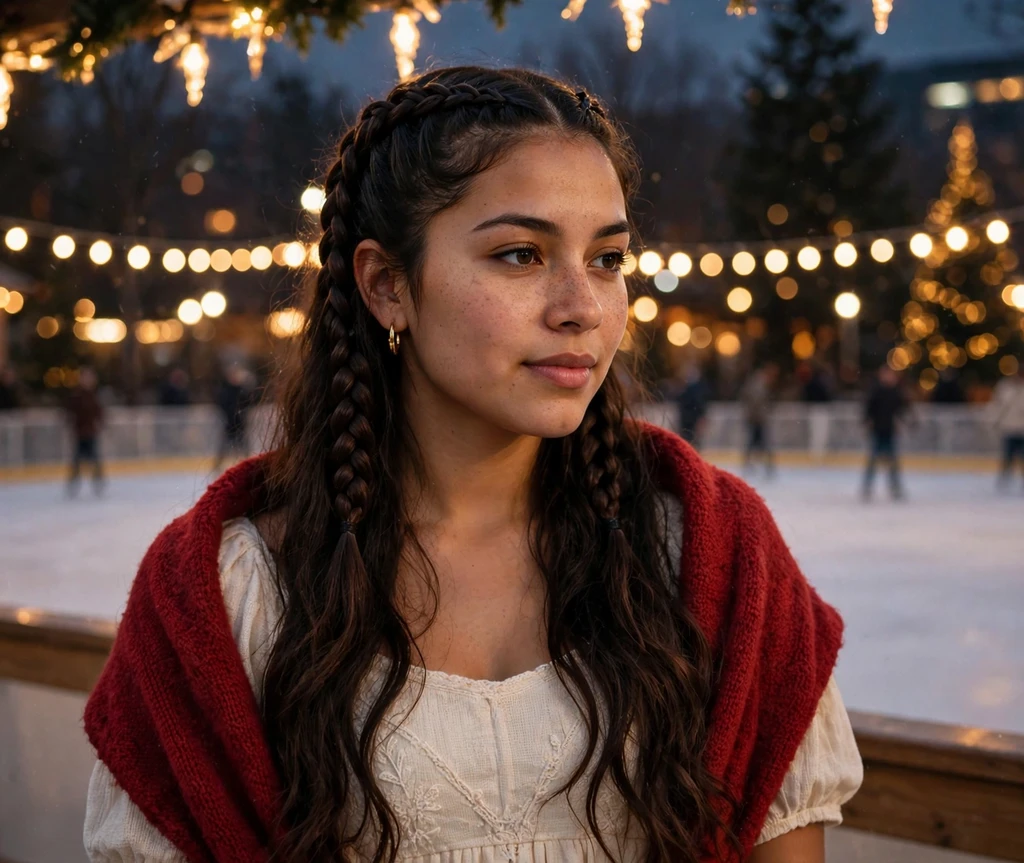 Double Dutch braids flowing into long waves at a Christmas ice rink