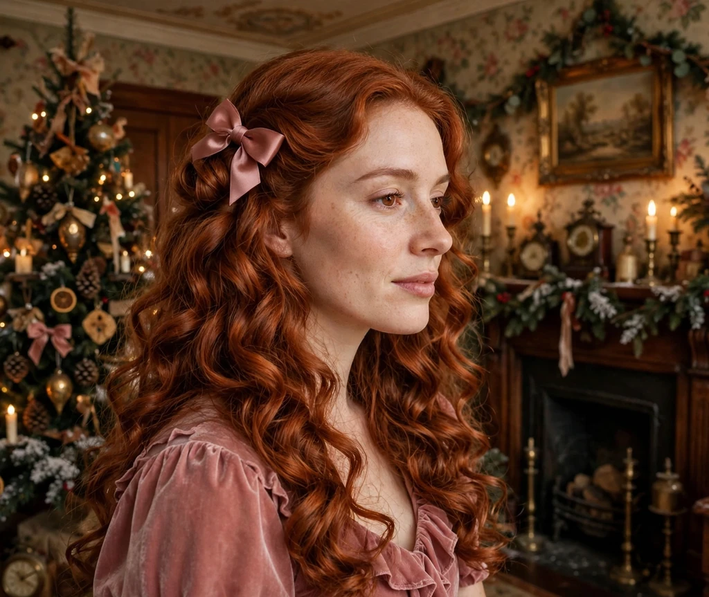 Soft romantic copper curls with a satin bow barrette in a vintage Christmas parlor