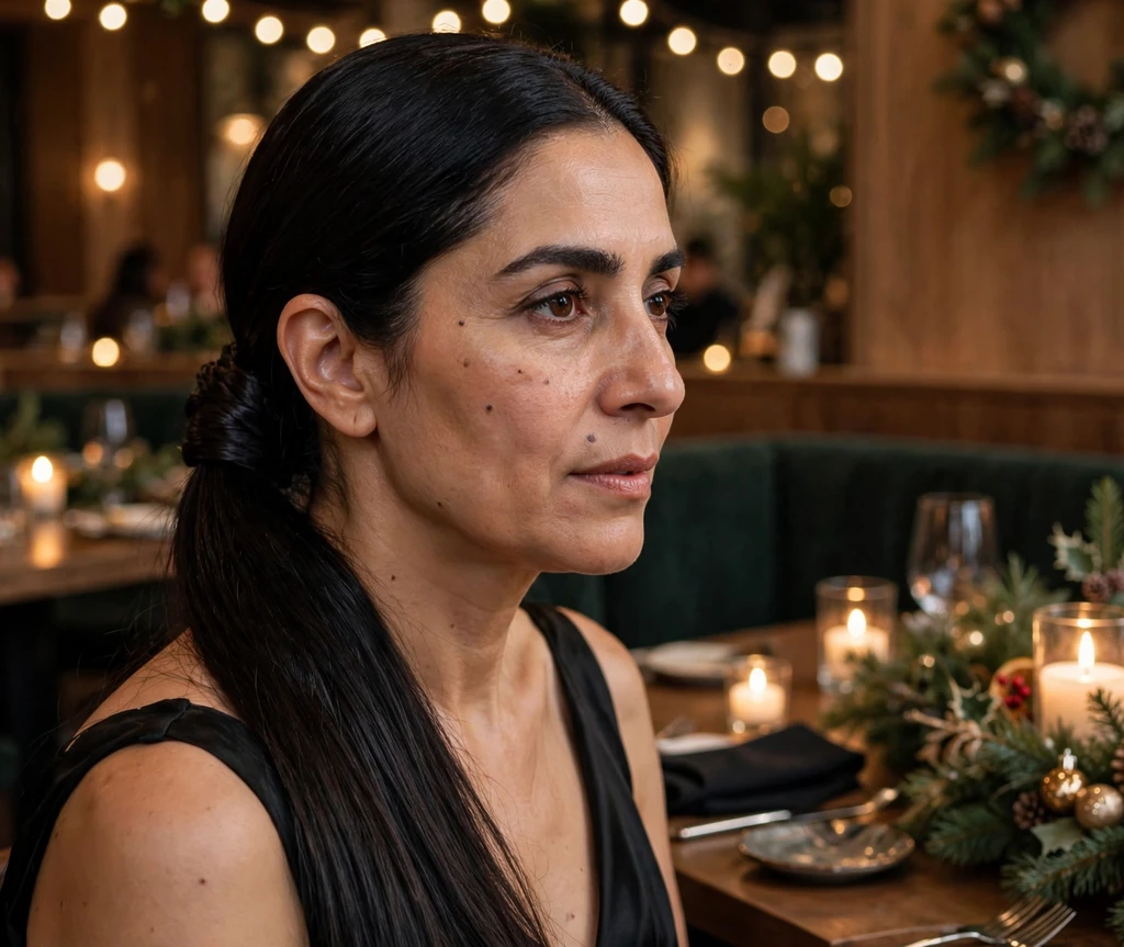 Sleek low ponytail with a wrapped hair base in long dark hair at Christmas dinner