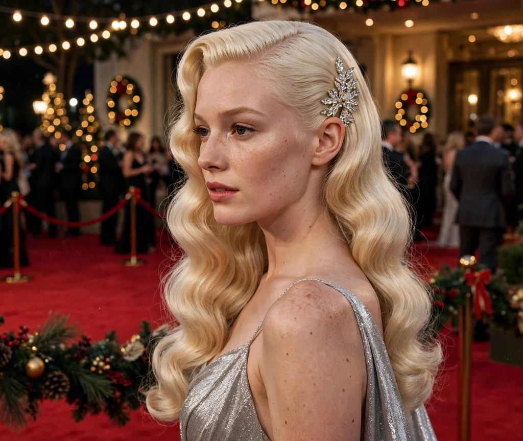 Hollywood S-waves with a sparkling crystal side clip in long platinum hair