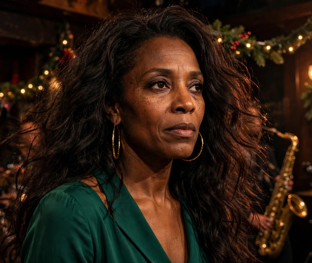 Tousled glam waves with gold hoop earrings in long dark hair at a jazz club Christmas night