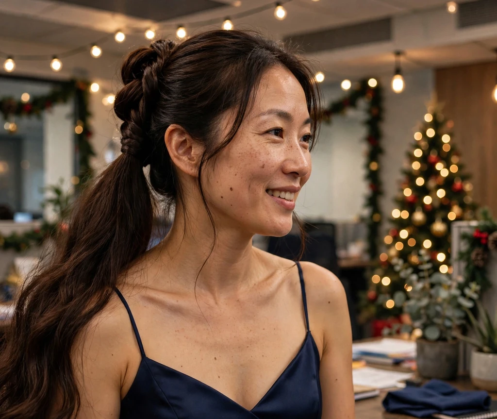Elegant French twist releasing into a long ponytail at an office Christmas party