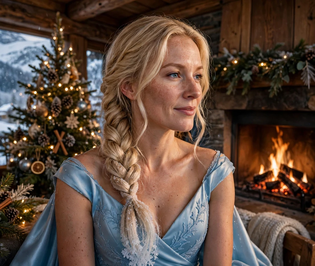 Mermaid side braid with frosted blonde tips in long hair at an alpine Christmas lodge