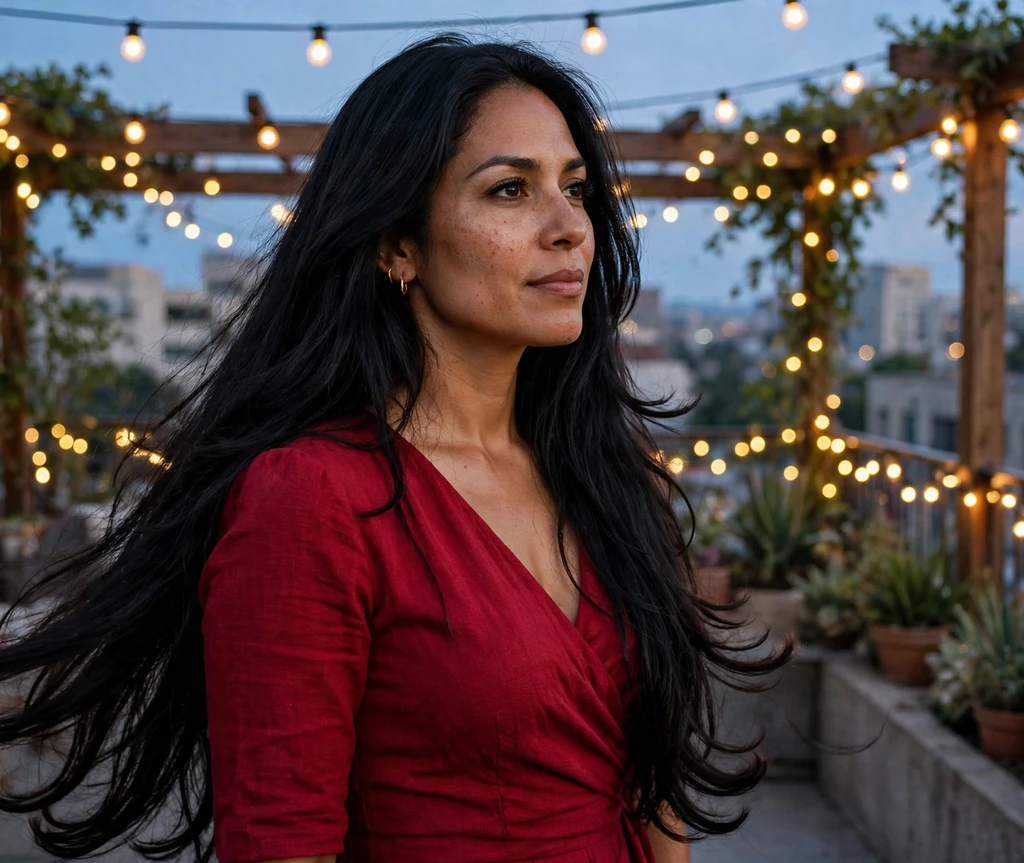 Polished long layers with flicked ends in black hair on a festive rooftop