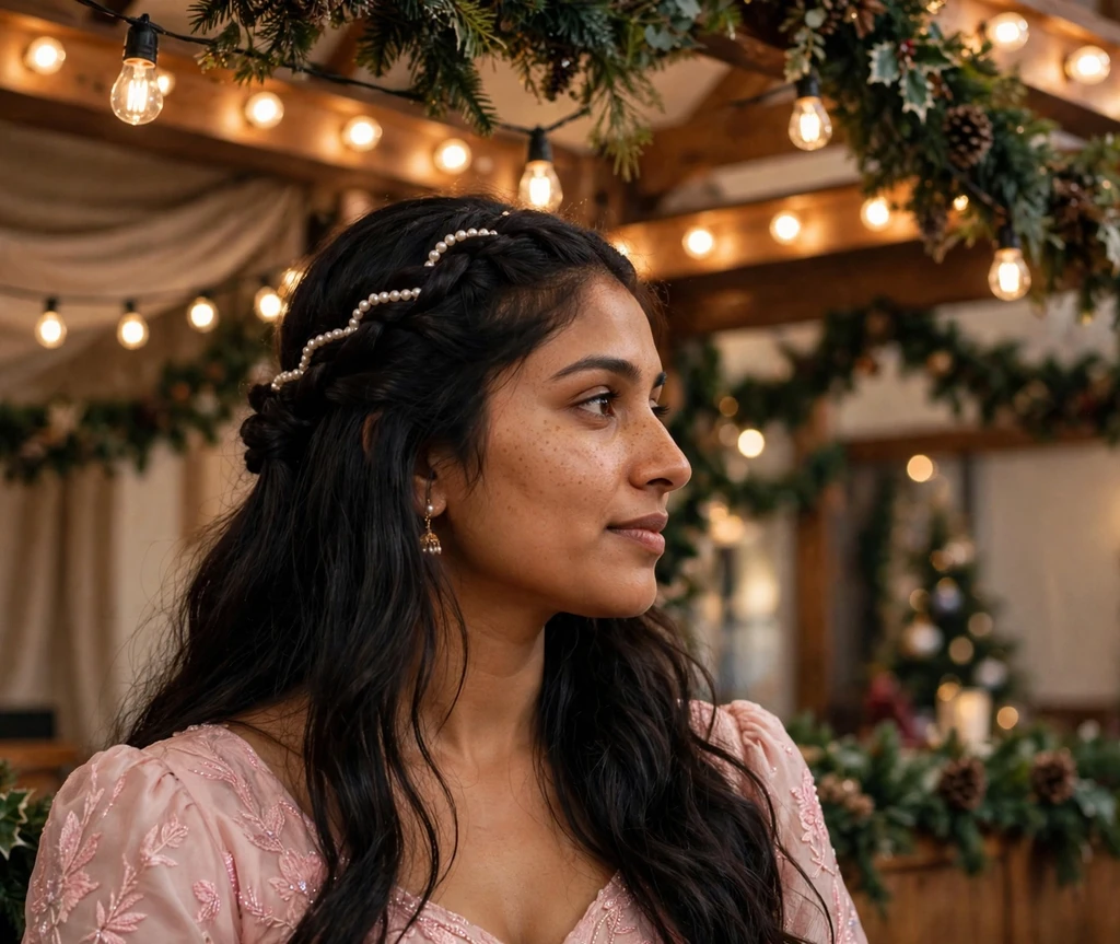Half-up waterfall twist with a pearl strand in long dark hair in a lit Christmas hall