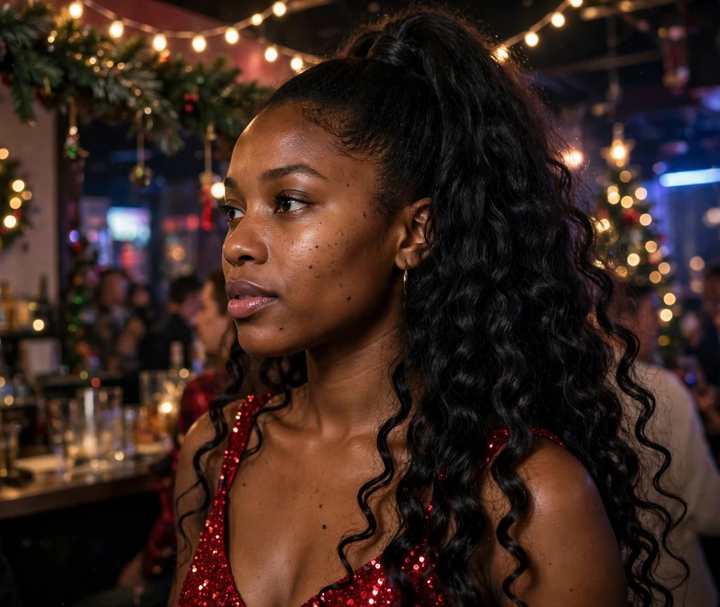 Glamorous high ponytail with long wrapped curls in dark hair at a Christmas nightclub party