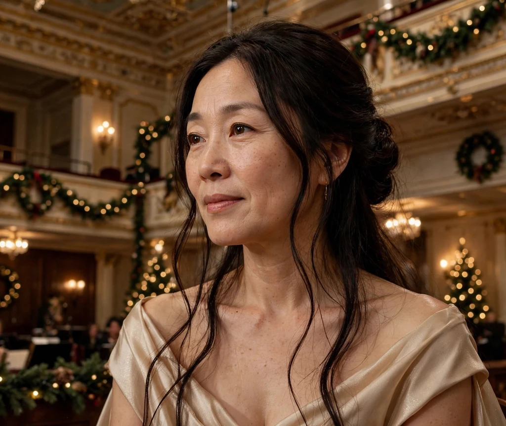 Romantic low updo with long flowing tendrils in dark hair at a Christmas concert