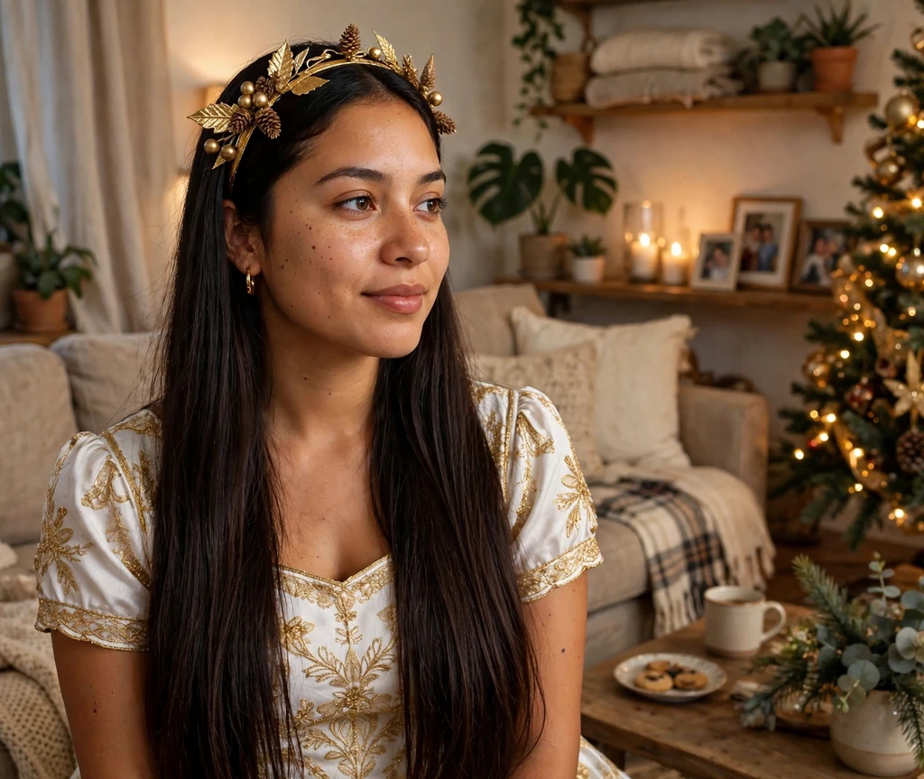 Shiny straight long dark hair with a festive gold headband in a Christmas living room
