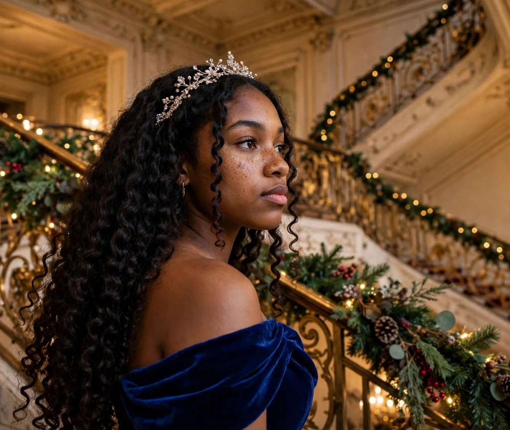 Cascading ringlet curls with a jeweled tiara in long dark hair on a grand staircase