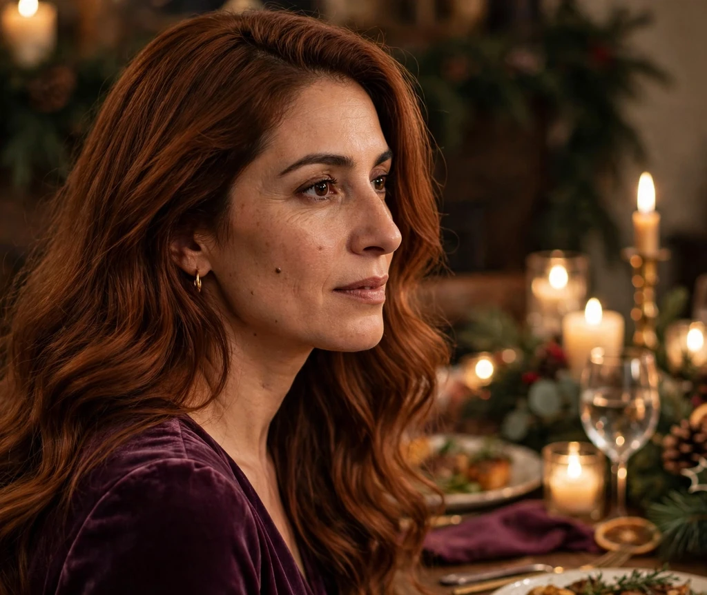 Soft glam waves with a deep side sweep in long auburn hair at Christmas Eve dinner