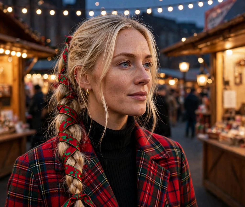 Braided ponytail wrapped with red and green holiday ribbon in long blonde hair at a Christmas market