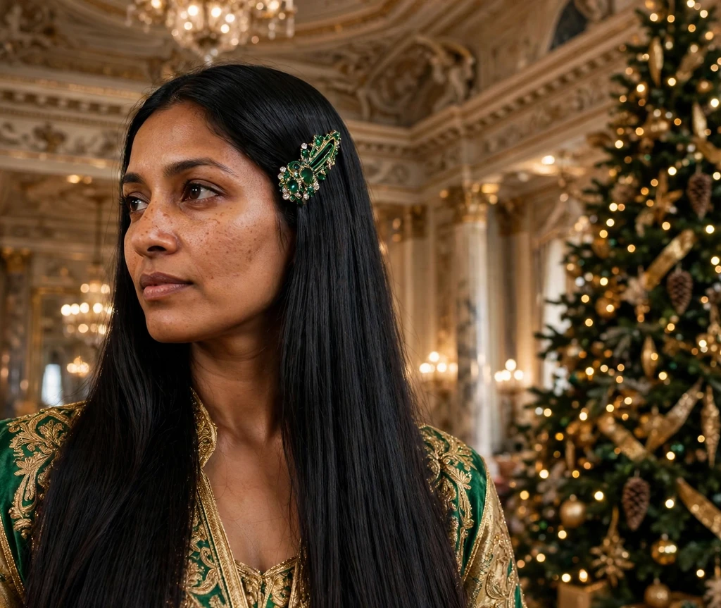 Luxe sleek long black hair with an emerald jeweled hair clip in a palace ballroom