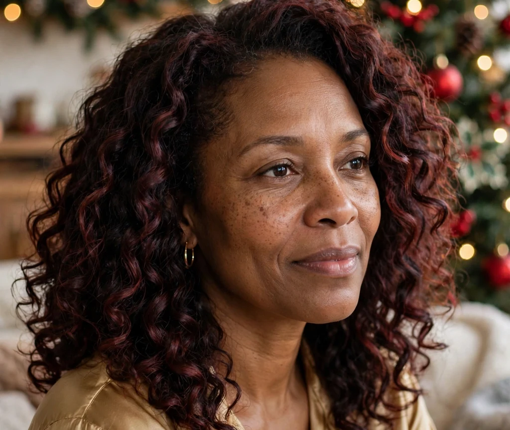 Burgundy-highlighted natural curls at shoulder length