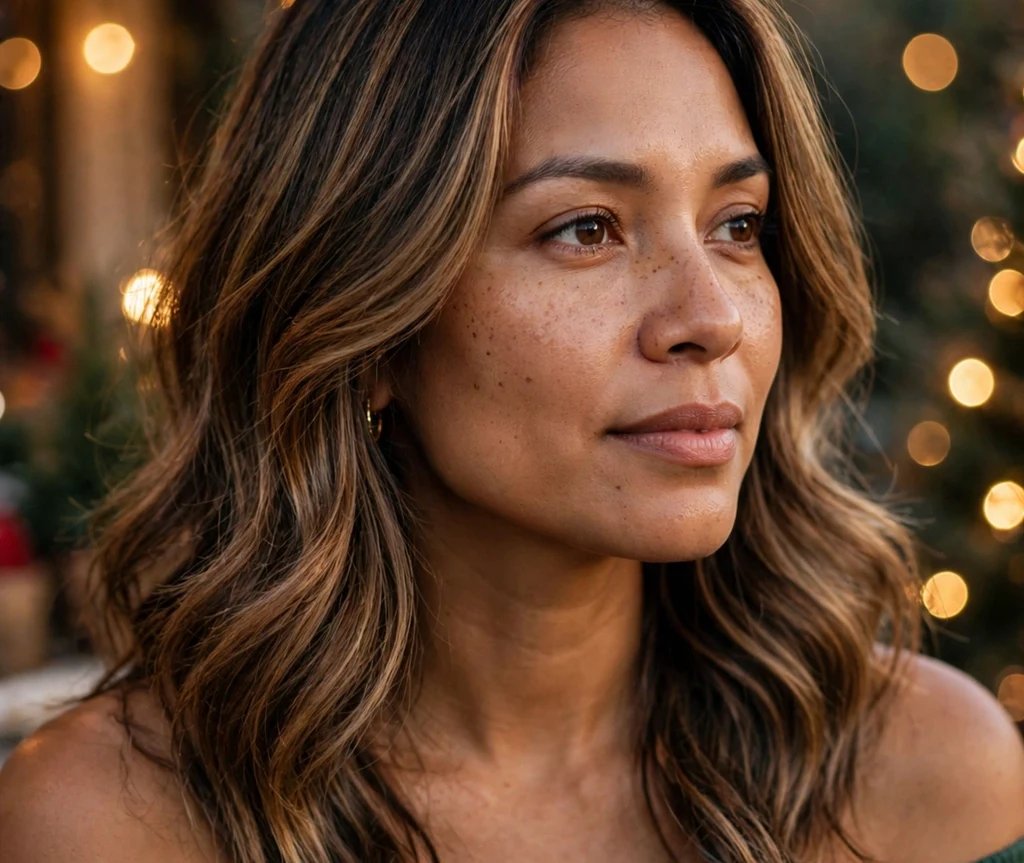 Caramel balayage layered waves for Christmas
