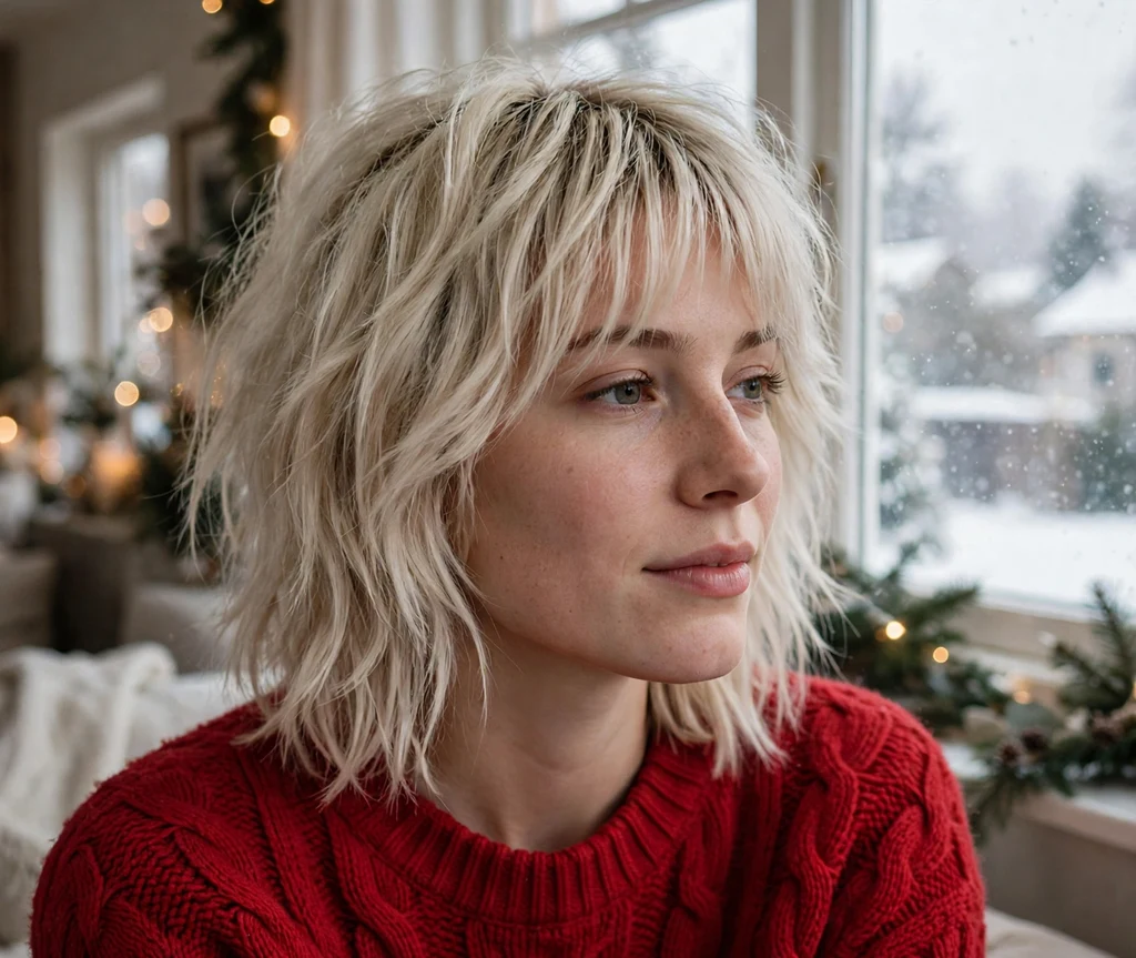 Platinum textured shag with wispy bangs