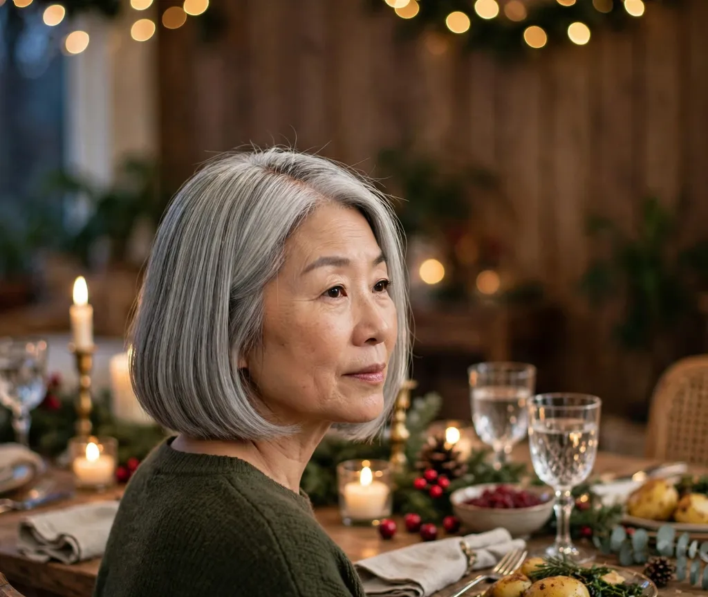 Sleek silver-gray center-part bob