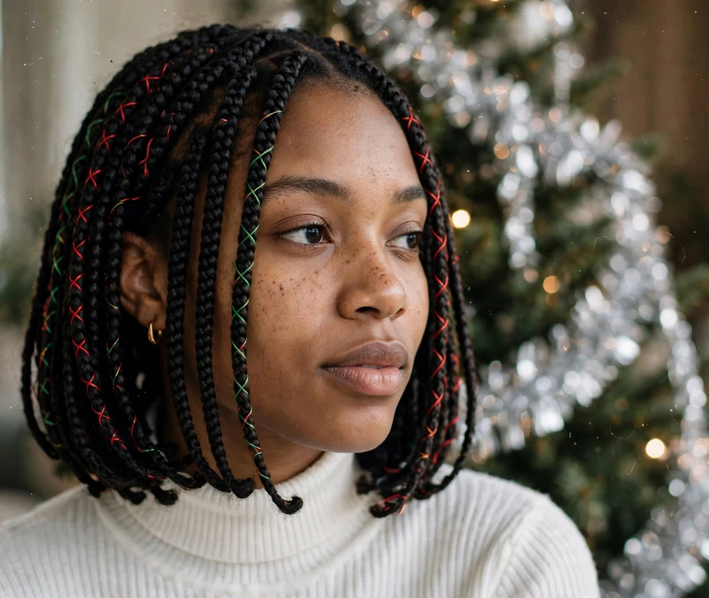Festive box-braid bob with red and green thread