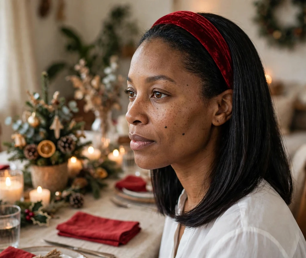 Silk-pressed straight hair with red velvet headband