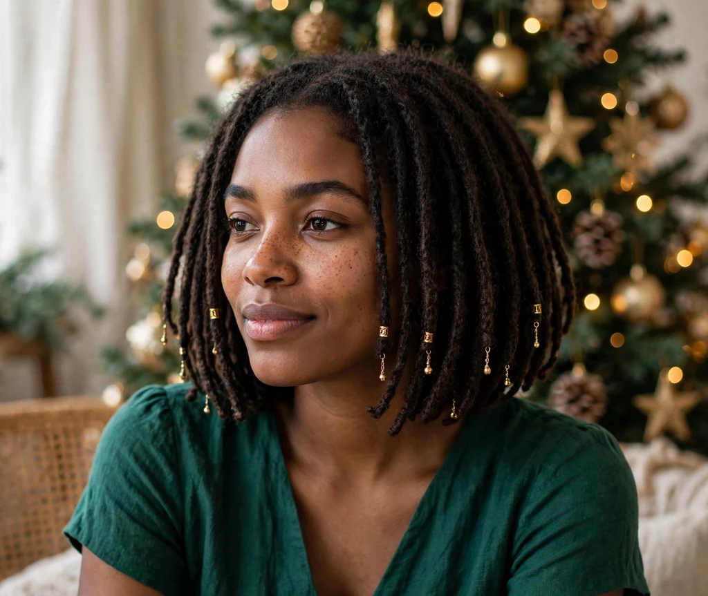 Goddess-locs bob with gold beads