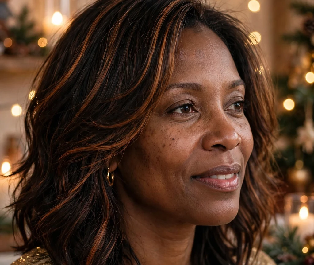 Copper-highlighted layered cut at shoulder length