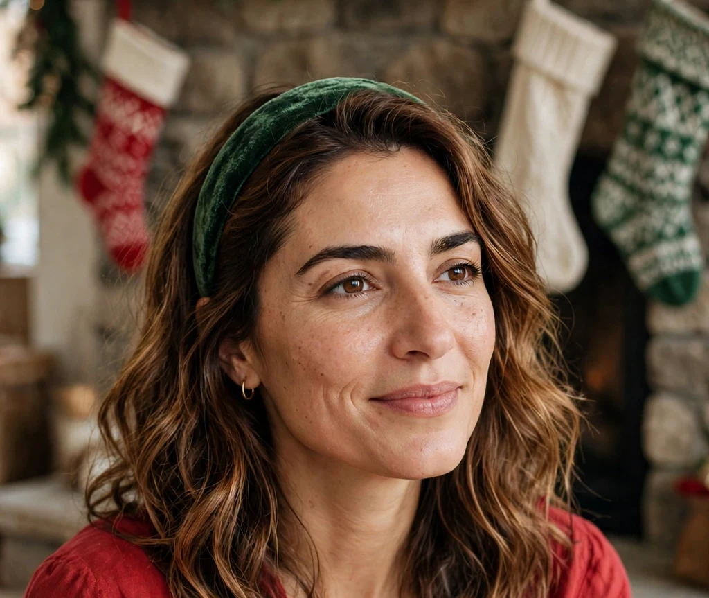 Warm-brunette beach waves with green velvet headband