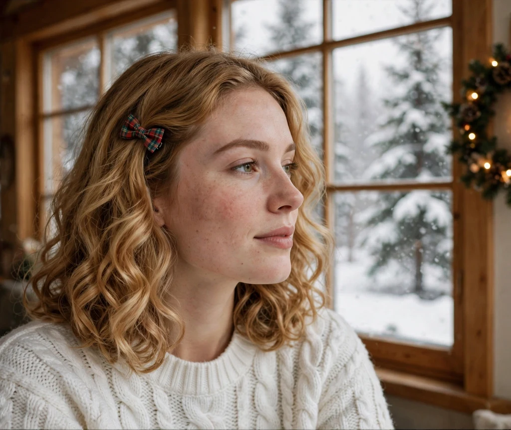 Golden curls with plaid bow clip