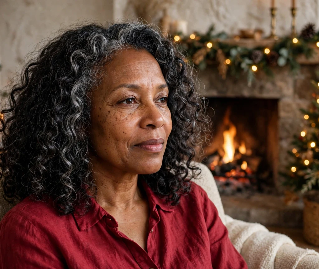 Silver-streaked natural curls at shoulder length