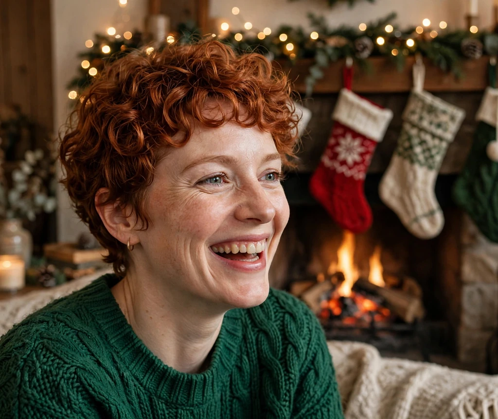 Twinkling-lights curly copper pixie by a Christmas fireplace