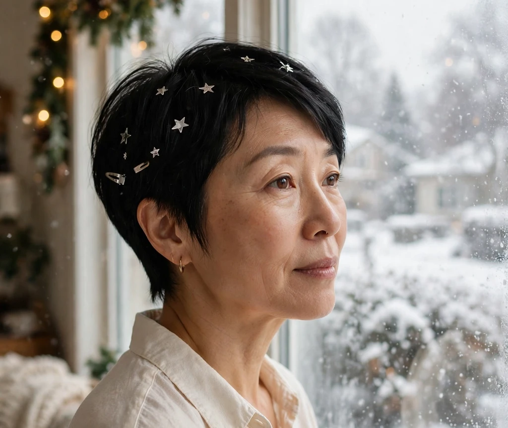 Starry-night tapered pixie with silver star clips by a snowy window