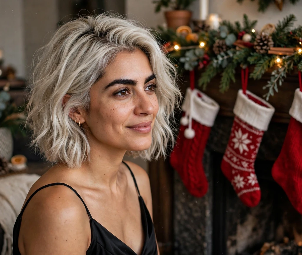 Frosty-blonde textured lob by a decorated Christmas mantel